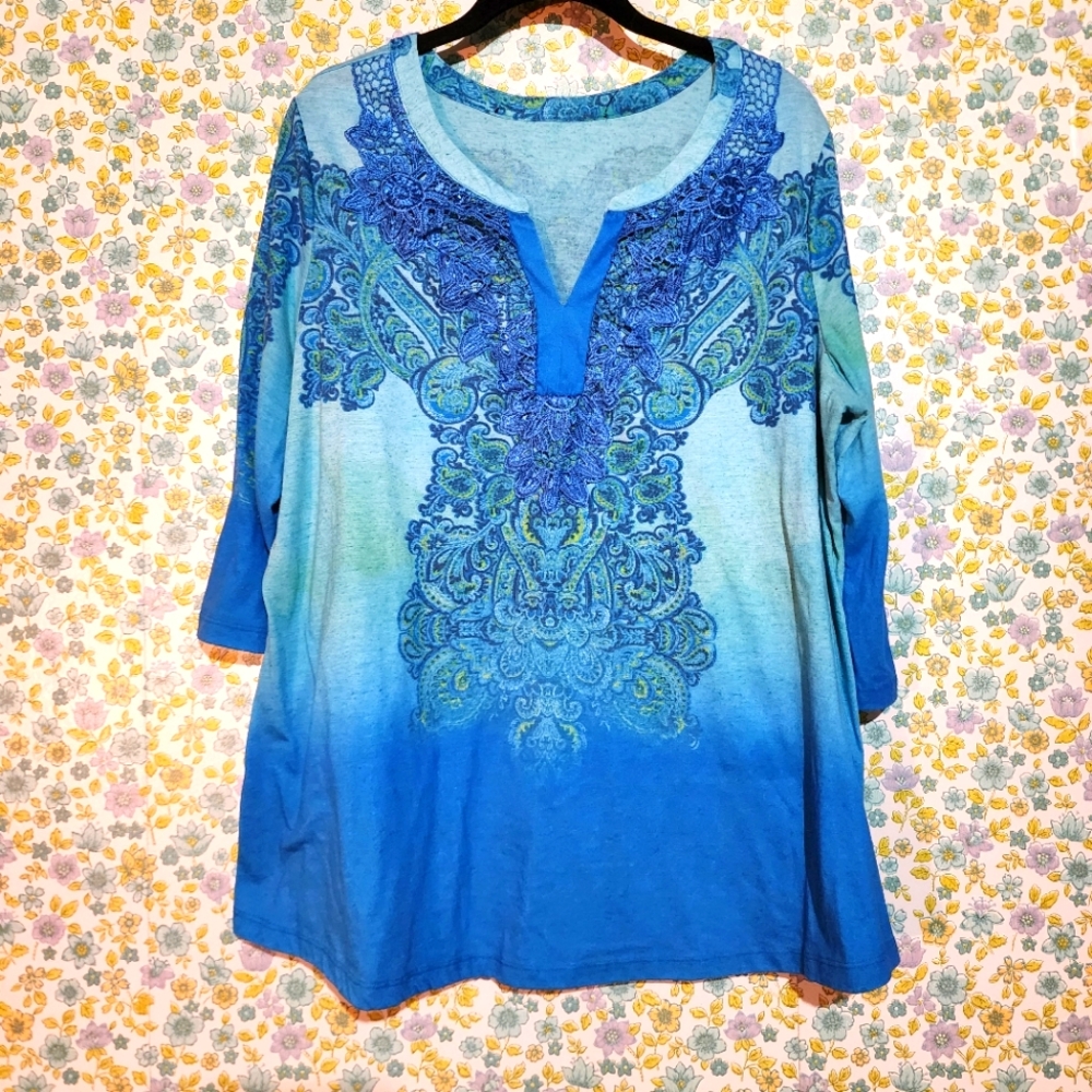 Womens XL Green Blue Embroidered Artsy Art to‎ Wear Flowy Vintage Top 90s